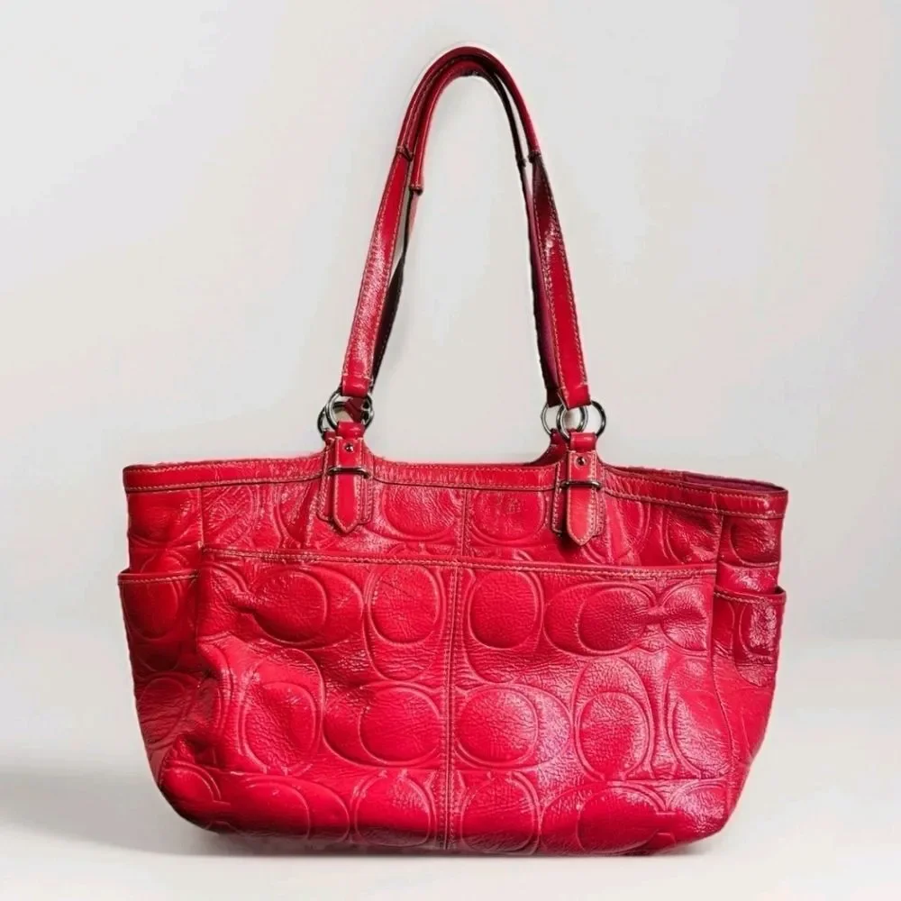 Coach Designer Gallery Embossed Pink Red Leather Tote Bag Purse Handbag